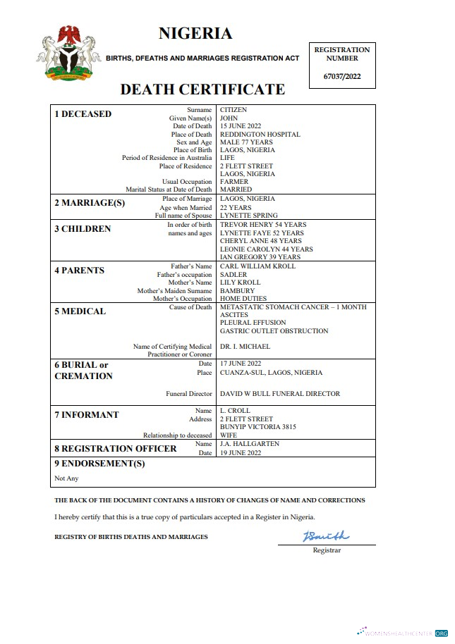 Download Nigeria vital record death certificate Word and PDF template Photoshop template